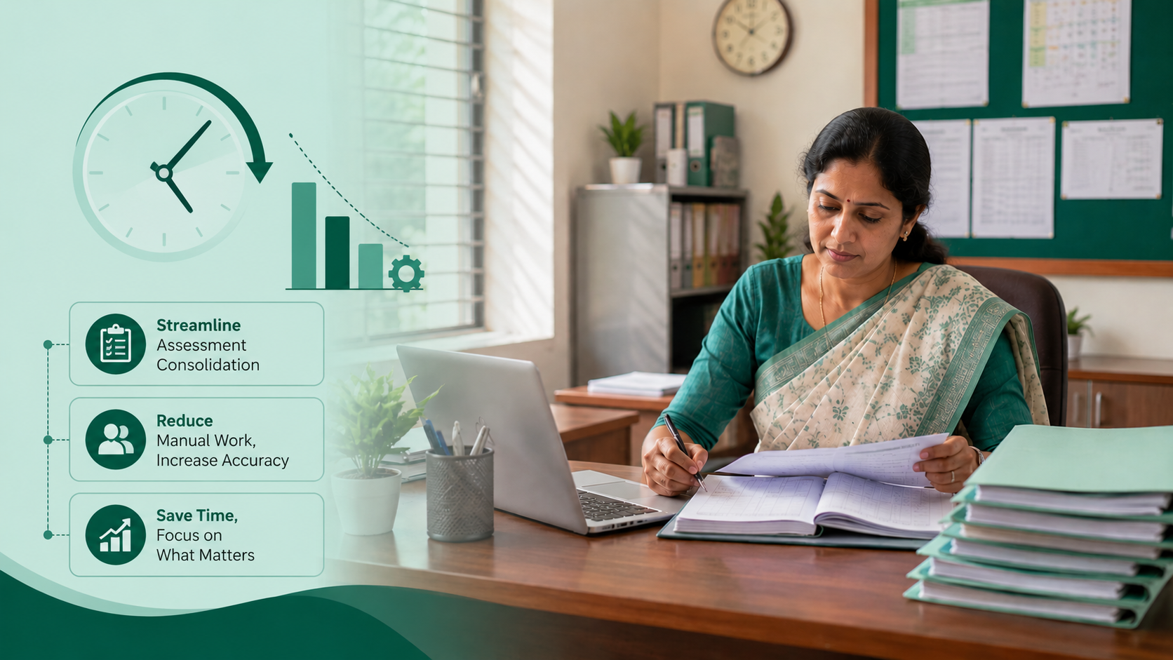 Indian principal reviewing a plan to reduce report card preparation time on a school desk